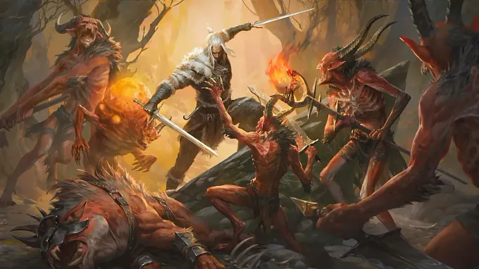 Diablo 4 The Witcher 3 collaboration keyart with Geralt slaying some diablo demons