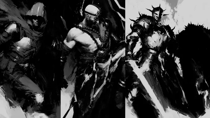 Diablo 5 Demon Hunter, Monk, and Plague Knight Class arts in black and white