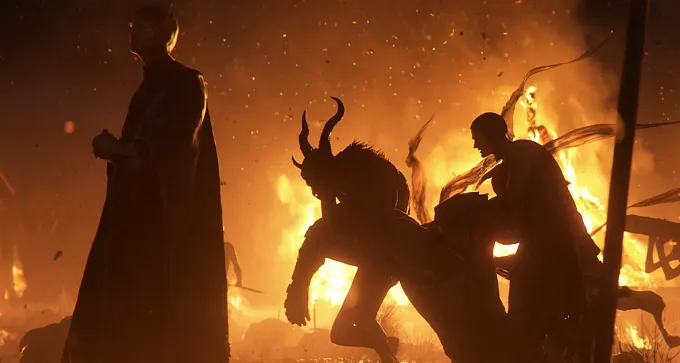 Diablo 5 original art with a character on the left, and demons following him in a burning world