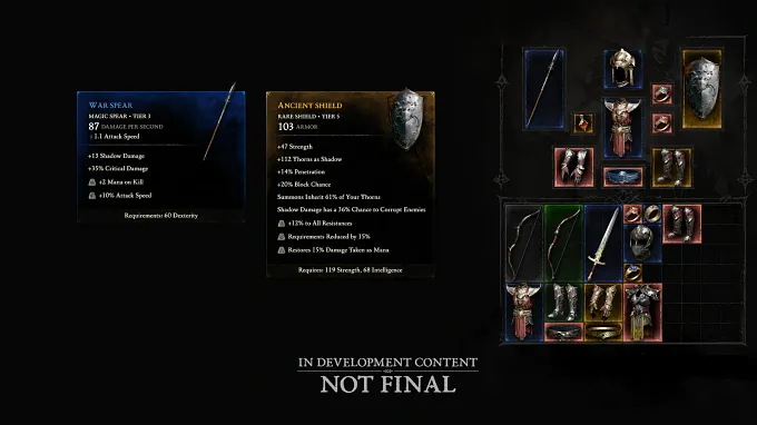 Diablo 5 Itemisation example, with the inventory, different item tiers and sets, and the various slot sizes in the inventory