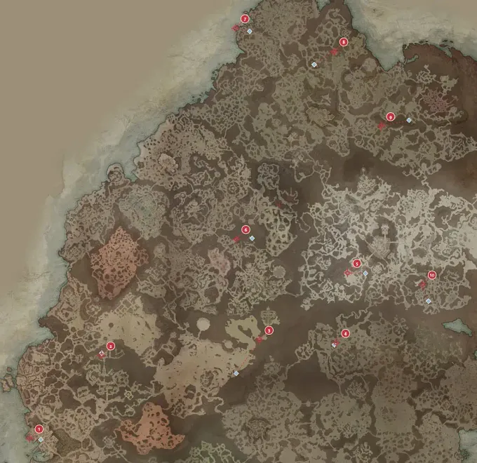 Diablo 4 Map representing Sanctuary and the location of all 10 Deckard Cain journal in Season 15
