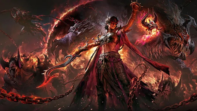 Diablo Immortal official art of the Immortal Warlock commanding demons from hell coming out of a portal