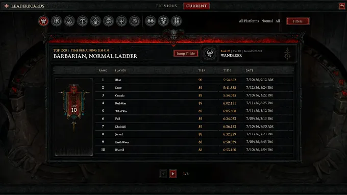 The Diablo 4 Season 14 Barbarian Normal Pit leaderboard, showing an example of top 10 ranked players with their Pit tier, clear time, and date.