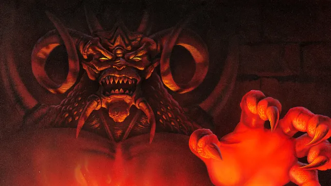 Diablo, the Lord of Terror, from the original 1996 game, a horned red demon with glowing eyes reaching forward with a clawed hand.