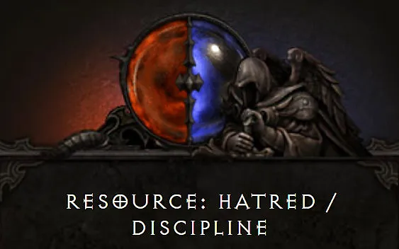 Diablo 3 Demon Hunter resource display showing a split red-and-blue orb labeled "Hatred / Discipline."