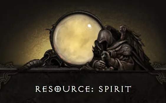 Diablo 3 Monk resource display showing a glowing orb labeled "Resource: Spirit."