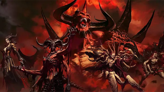 Diablo 4 key art showing a lineup of the franchise's demonic villains, including Lilith and Diablo, against a fiery red sky.
