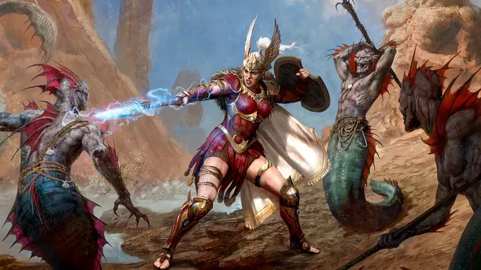 Diablo 4 Amazon in red and gold winged-helmet armor thrusting a lightning-charged javelin at fish-like sea demons on a rocky shore