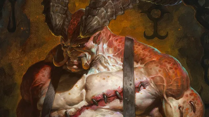 Close-up of The Butcher in Diablo 4, showing the horned demon gripping a large cleaver in a dark, orange-lit dungeon.