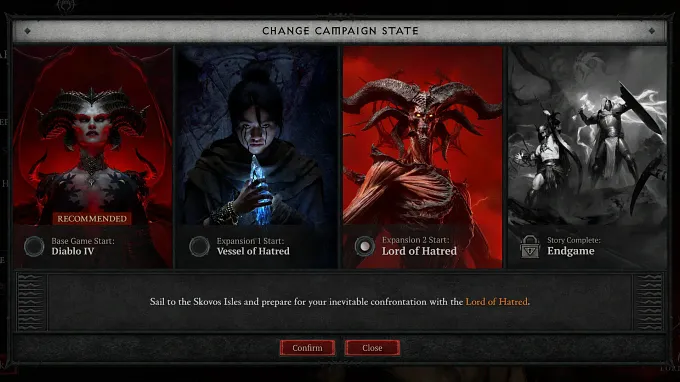 Diablo 4 campaign selection screen showing Diablo IV, Vessel of Hatred, Lord of Hatred, and the locked Endgame option.