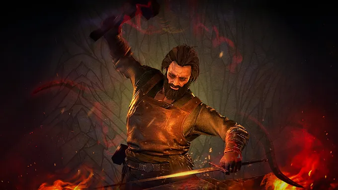 Diablo 4 blacksmith in a leather apron raising his hammer over a glowing sword, surrounded by fire and embers.