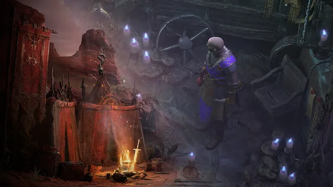 Diablo 4 Occultist on the right versus a tent with a campfire and weapons glowing in the night.