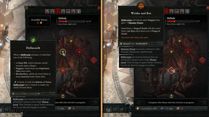Diablo 4 Helltide War Plan activity tree showing the Hellmouth and Writhe and Rot upgrades and their descriptions.