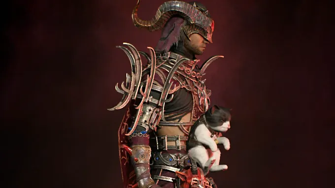 A side view of a Diablo 4 character with Henri's Perquisition equipped, the cat visible in the focus at their hip.