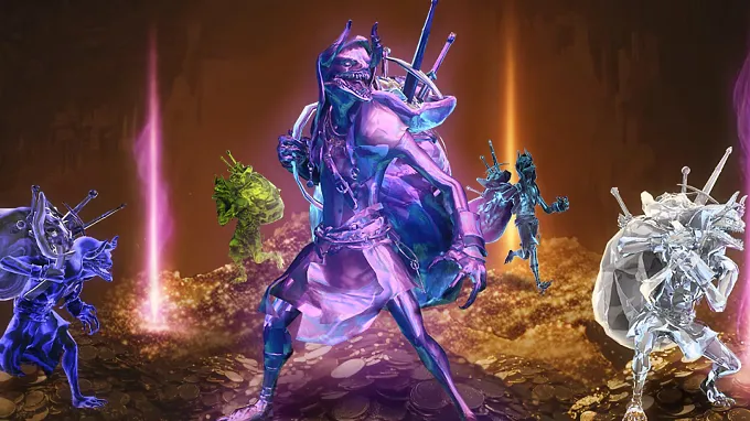 Diablo 4 Treasure Goblins in metallic, colorful hues standing in front of a massive pile of gold coins.