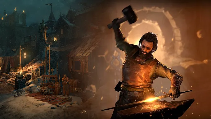 Diablo 4 Blacksmith swinging a hammer to Masterwork a glowing sword on his anvil, with a snowy town (Kyovashad) and weapon racks behind him.