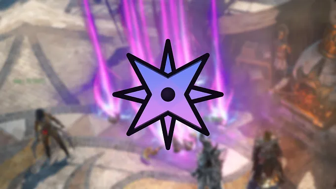 Diablo 4 Mythic Unique crafting guide header, a purple eight-pointed star icon over blurred Mythic loot beams.