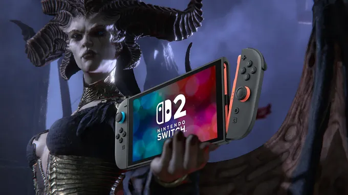 Lilith from Diablo 4 holding a Nintendo Switch 2 console that displays the Switch 2 logo on its screen.