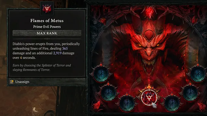 Diablo 4 Prime Evil Powers menu with Flames of Metus at max rank, a Diablo power tied to the Splinter of Terror.