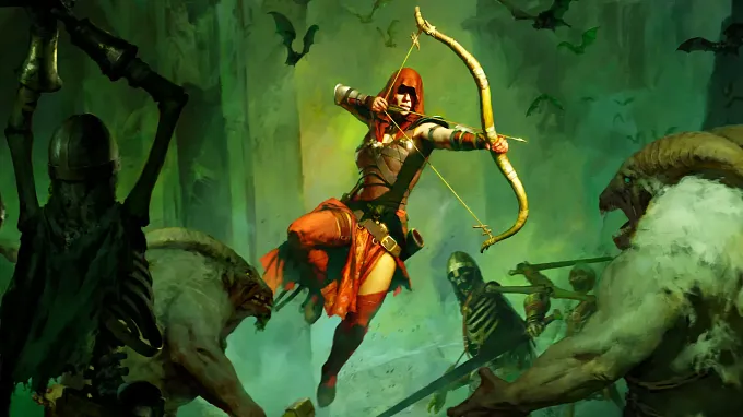 Diablo 4 Rogue in a red hood draws a bow while surrounded by enemies in a green-lit setting.