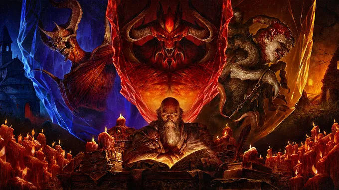 Diablo 4 Season 15 key art featuring Diablo looming over Deckard Cain, with demonic figures, red candles, and fiery and icy scenery.