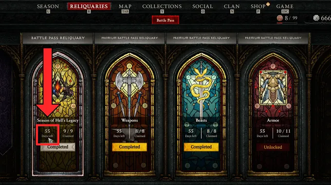 Diablo 4 Reliquaries menu showing the Season of Hell's Legacy Reliquary with 55 days left, highlighted with a red arrow and box