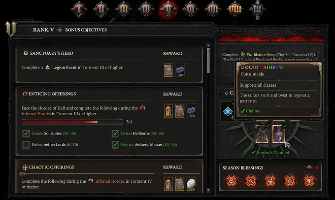 Diablo 4 Season 15 Season Rank V reward screen with the Liquid Rainbow consumable tooltip marked as claimed.