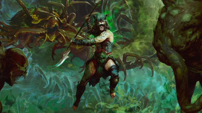 Diablo 4 Spiritborn warrior wielding a polearm surrounded by spectral green energy and large creatures.