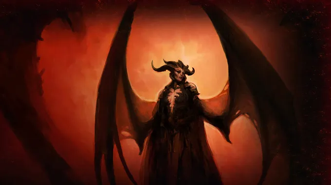 Lilith with her wings spread against a fiery red background in Diablo 4.