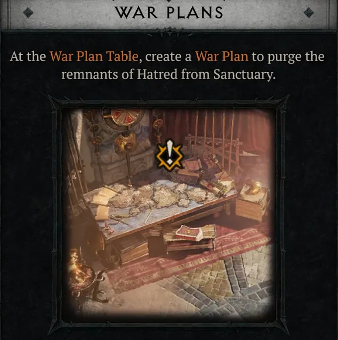 Diablo 4 War Plans tutorial screen showing the War Plan Table in Temis, where players create plans for endgame activities.