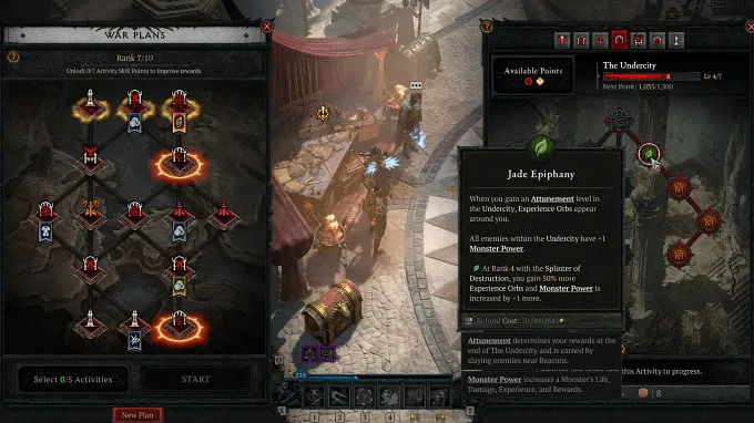 Diablo 4 War Plans interface showing the Kurast Undercity activity tree and the Jade Epiphany experience orb upgrade.