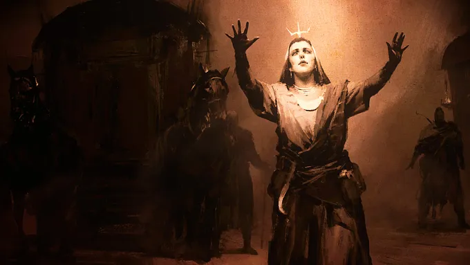 Diablo 5 concept art of a robed woman in a small pale crown with her hands raised, a horse-drawn caravan wagon and shadowed survivors behind her in warm firelight.