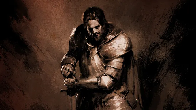 Diablo 5 concept art of a weary armored warrior kneeling with his sword in a dark, sepia-toned scene.