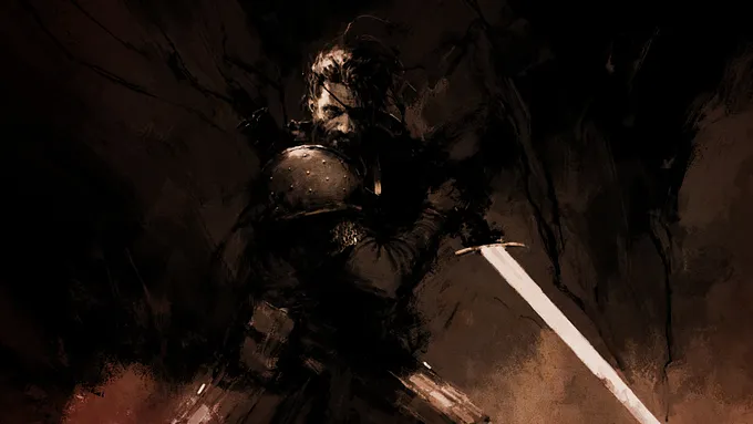 Diablo 5 concept art of a bearded warrior with an eye patch and riveted shoulder armor, holding a longsword.