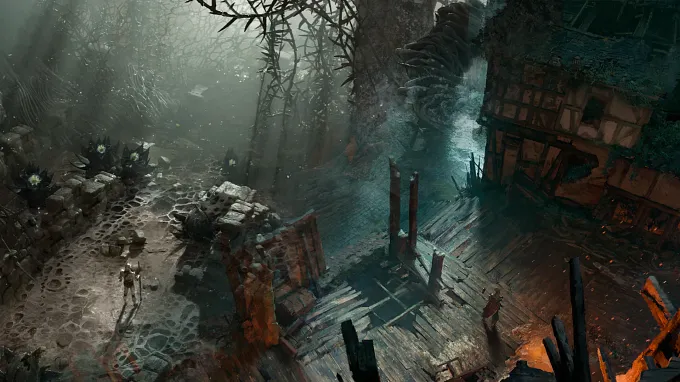 Diablo 5 concept art of a lone hero in a ruined, corrupted corner of Sanctuary, with a collapsing timber house, thorny black growths, and glowing embers.