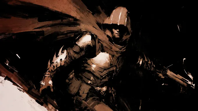Dark, sepia-toned Diablo 5 concept art of a hooded, armored Demon Hunter against a black background.