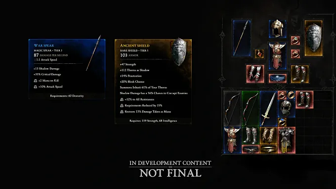 Diablo 5 itemization concept image with weapon and armor stat panels beside an inventory screen; marked "In Development Content - Not Final."