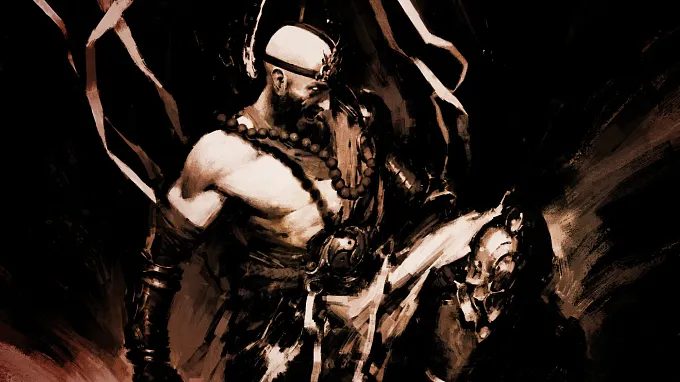 Monochrome Diablo 5 concept art of a muscular Monk with prayer beads and a headband, shown in a combat stance.
