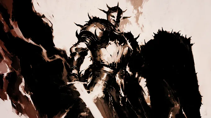 Diablo 5 Plague Knight concept art, a heavily armored knight with a spiked helm, spiked fur mantle and large sword