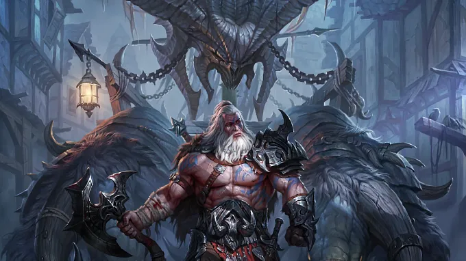 Diablo Barbarian key art by Andrew Kuzinskiy, a white-bearded warrior with blue tattoos holding a large axe, a horned demon statue looming behind him.