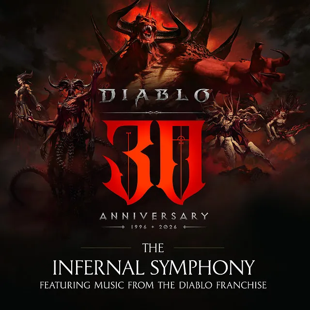 The album cover for Diablo: The Infernal Symphony, showing Diablo and other franchise villains around a red 30th anniversary logo marking 1996 to 2026.