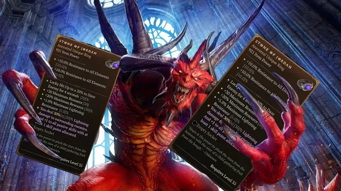 Diablo holding two Stones of Jordan items in Diablo 4
