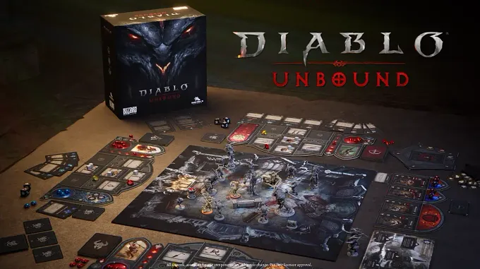 Diablo: Unbound tabletop game showing the paladin miniature, some of the card with abilities, the unique dice, and the player and game sheets