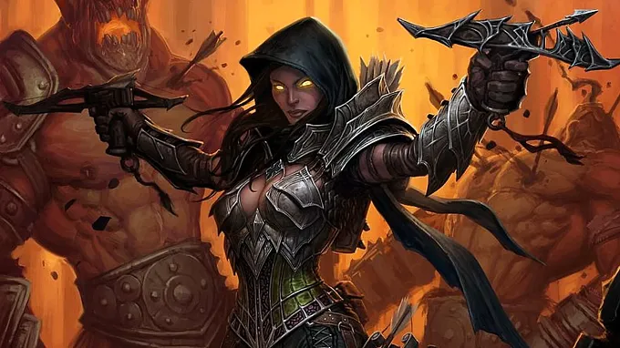 Diablo 3 Demon Hunter wielding two hand crossbows against a fiery background.