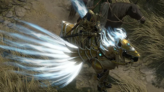 Diablo 4 Rogue in Diablo 3 Demon Hunter-style armor riding Tyrael’s Charger, a gold armored horse with glowing blue wings