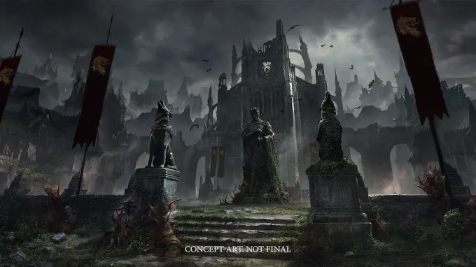 Diablo 5 Concept art with a destroyed cathedral in the background and statues and banners in front