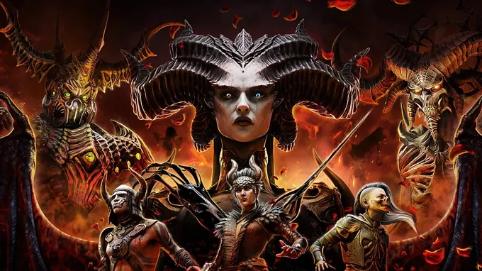 Diablo 4 x Dead by Daylight collab image showing Dead by daylight characters in front, and Lilith and some of the prime evils in the back