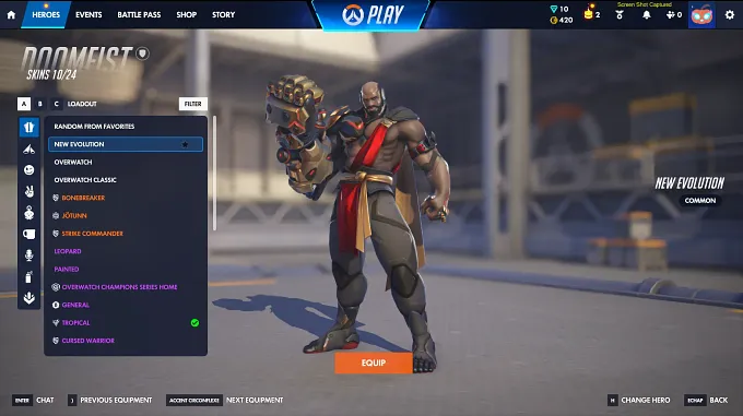 Overwatch hero Gallery showing Doomfist's lists of cosmetics, and stopped on the new Evolution common skin