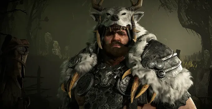 Diablo 4 Druid close up he is wearing a bear skin armor and antlers