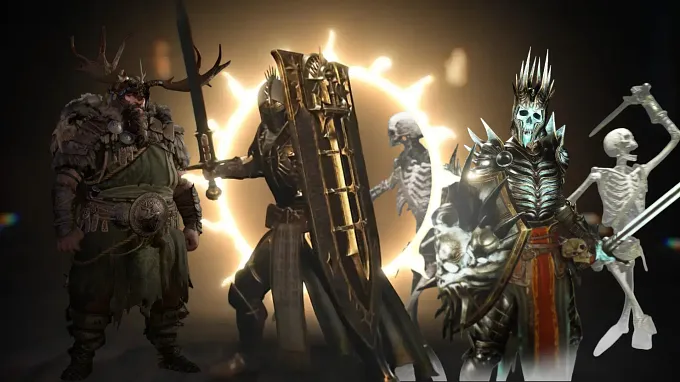 Diablo 4 Druid on the left, Paladin in the middle, and Necromancer on the left with skeletons